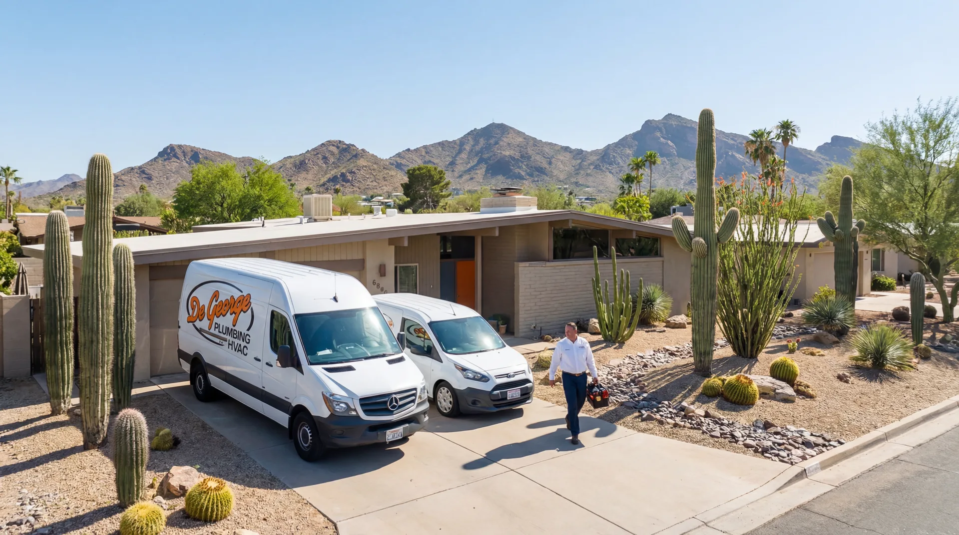 DeGeorge Plumbing & HVAC service van and technician arriving at a Scottsdale home with Camelback Mountain in the background