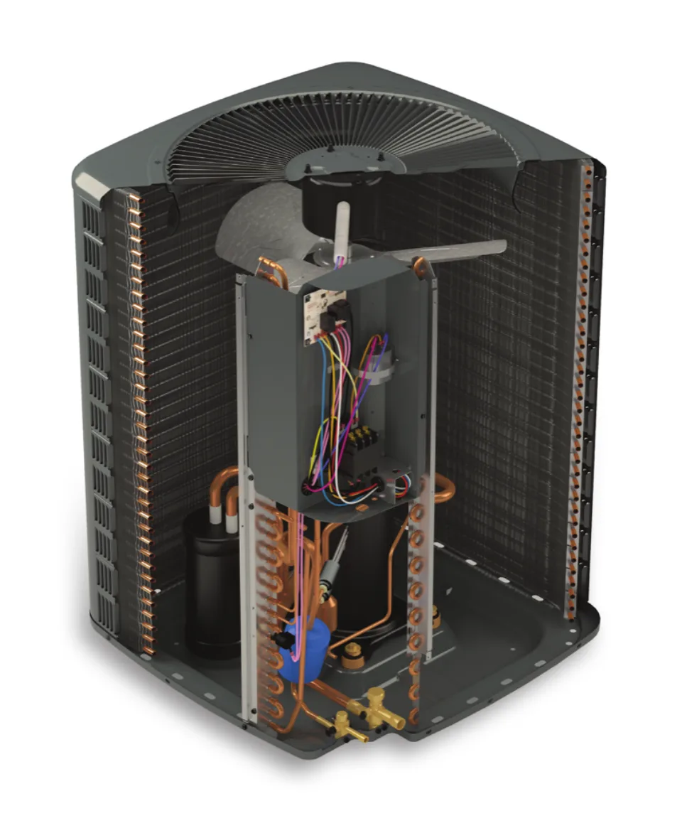 Air conditioning condenser unit cutaway diagram showing internal components