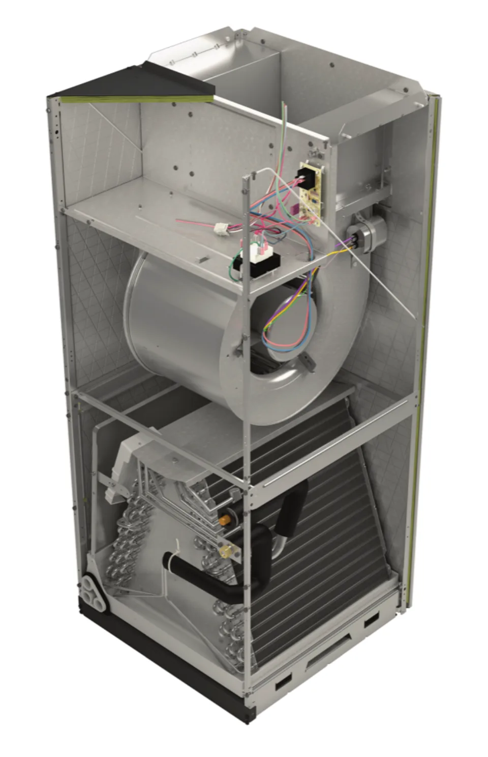 Air handler cutaway diagram showing evaporator coil, blower, and TXV