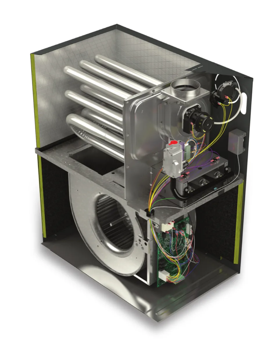Gas furnace cutaway diagram showing heat exchanger, burners, and blower assembly