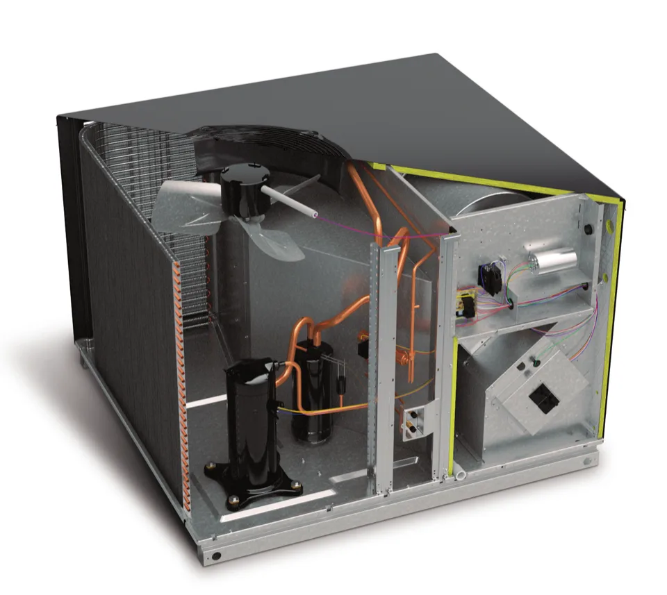 Package HVAC unit cutaway showing condenser coil, evaporator coil, compressor, and blower